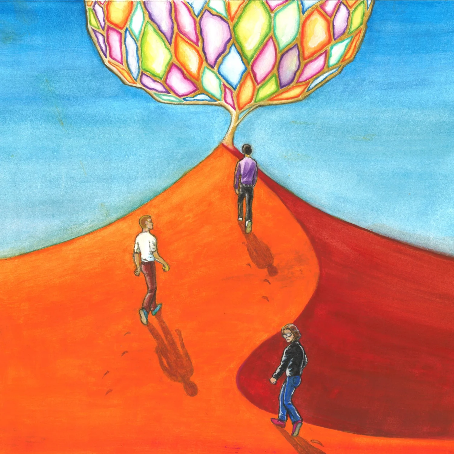 Acid Westerns album cover — three figures walking a red road toward a stained-glass tree